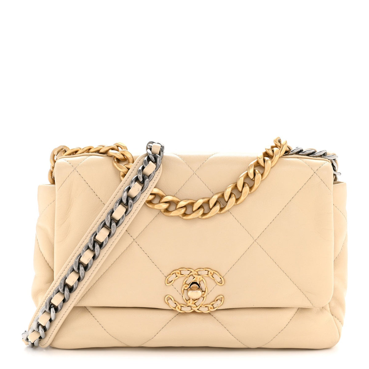 Medium Quilted Lambskin Flap Shoulder Bag - Beige