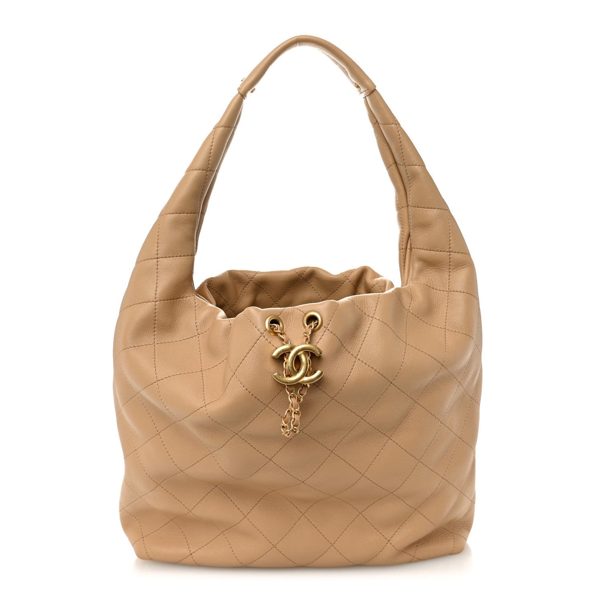 Small Quilted Calfskin Hobo Bag - Beige
