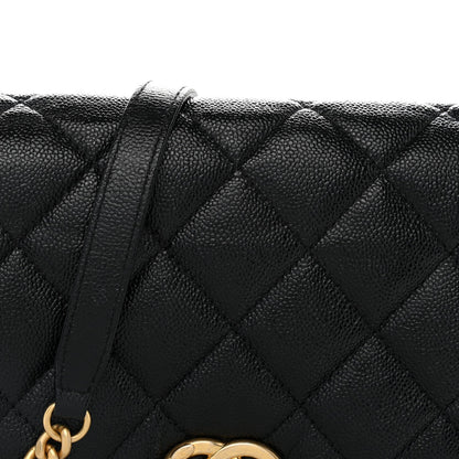 Large Quilted Caviar Flap Shoulder Bag - Black