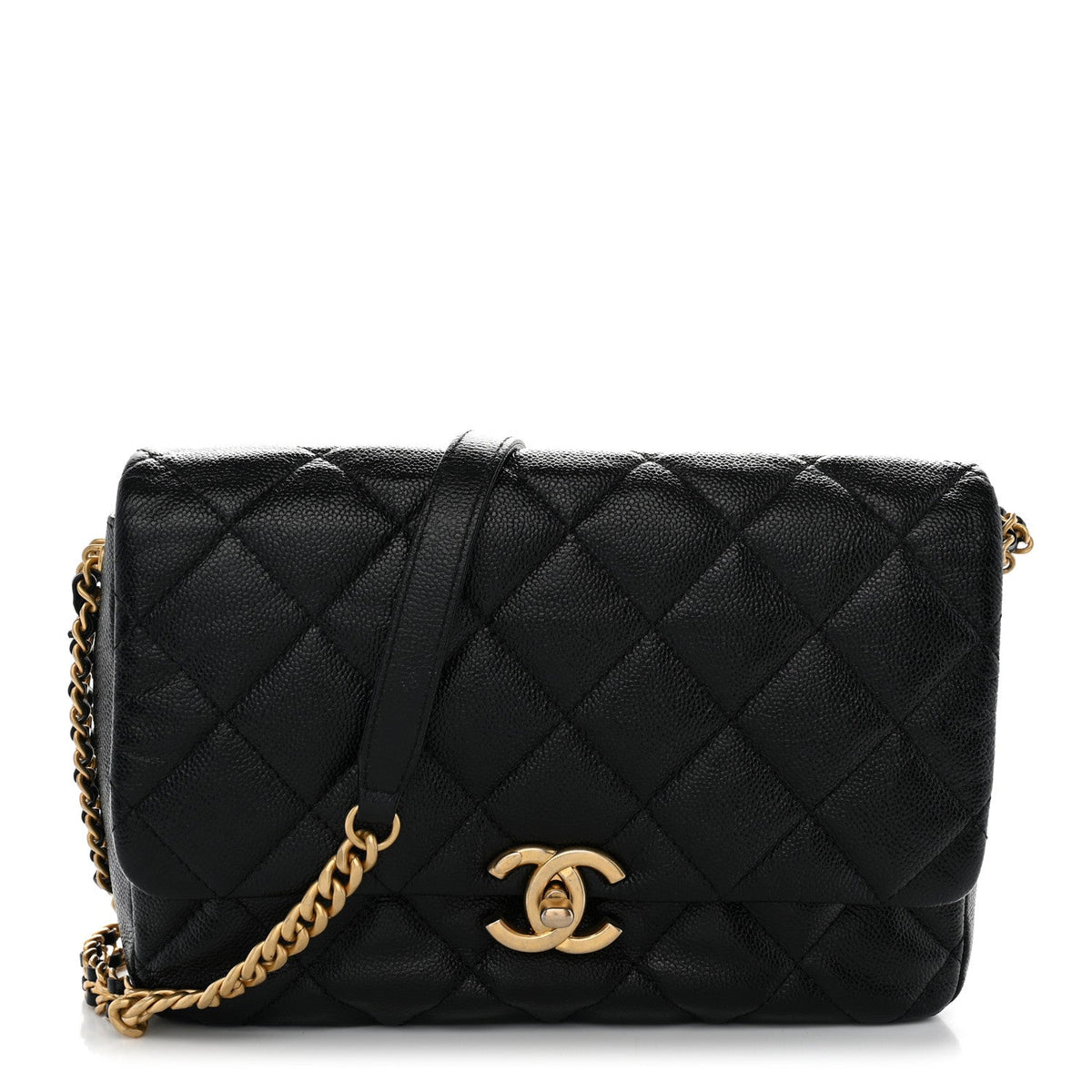 Large Quilted Caviar Flap Shoulder Bag - Black