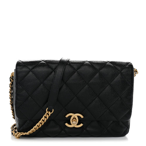 Large Quilted Caviar Flap Shoulder Bag - Black