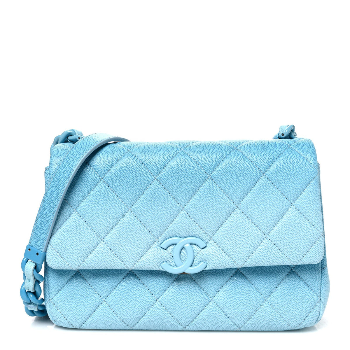 Quilted Caviar Flap Shoulder Bag - Light Blue