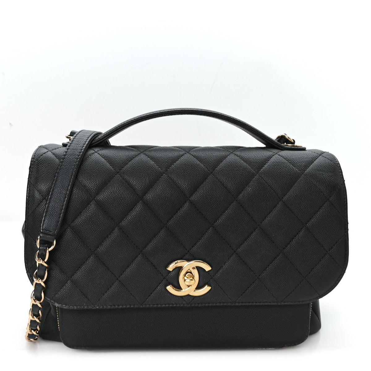 Large Quilted Caviar Flap Shoulder Bag - Black