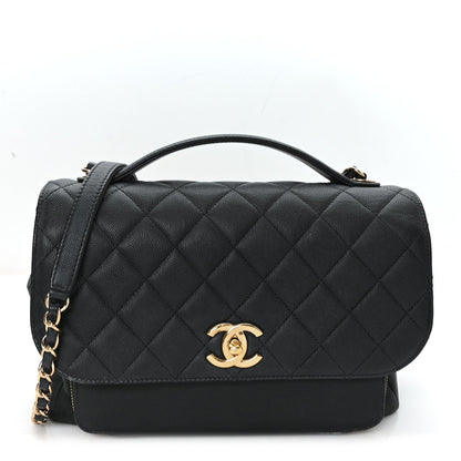 Large Quilted Caviar Flap Shoulder Bag - Black