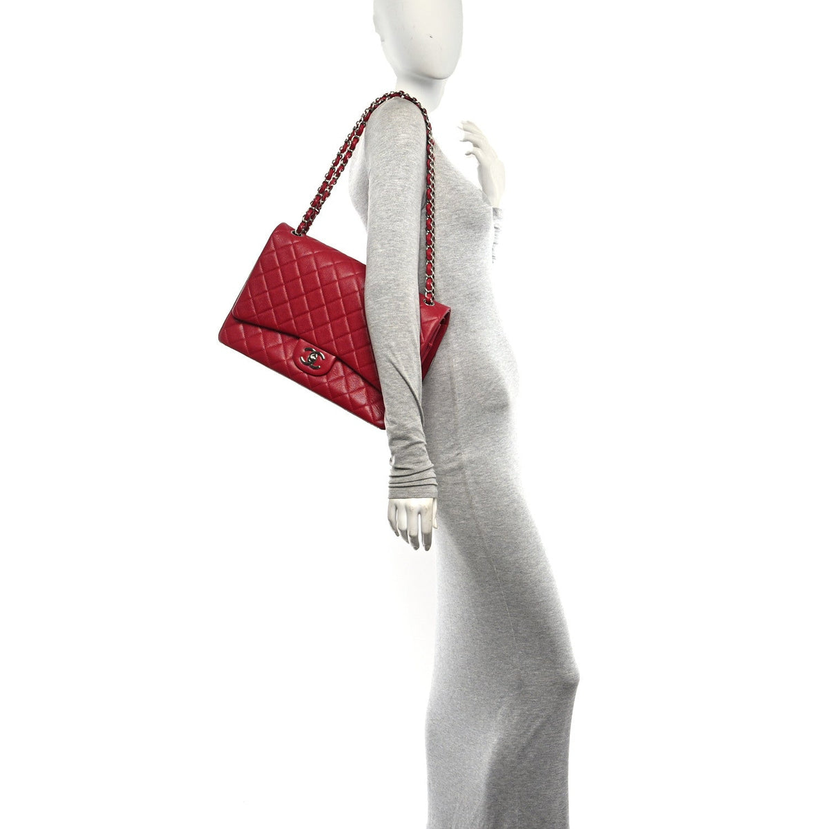 Maxi Quilted Caviar Flap Shoulder Bag - Red