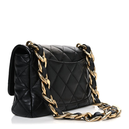 Large Quilted Lambskin Flap Shoulder Bag - Black