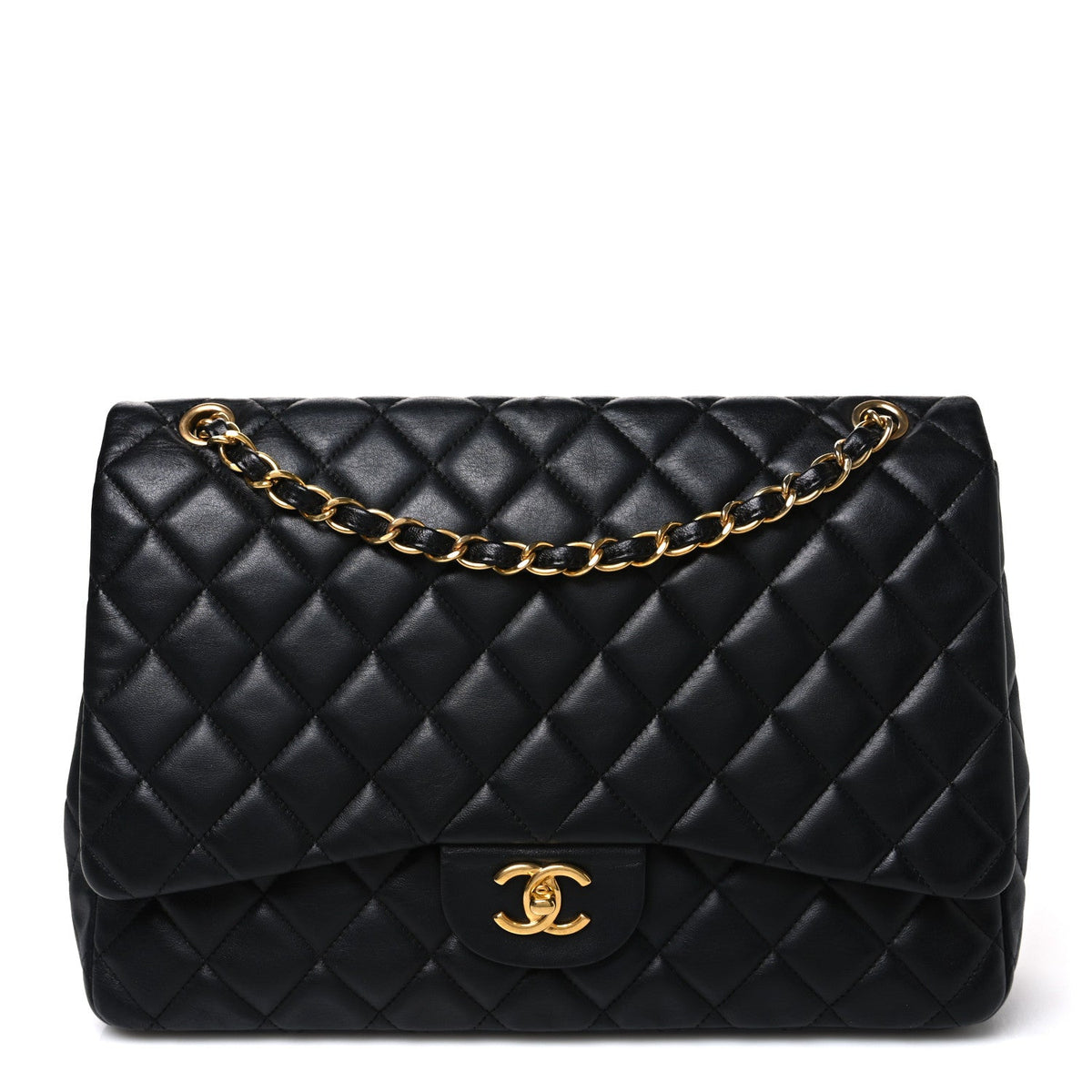 Maxi Quilted Lambskin Flap Shoulder Bag - Black