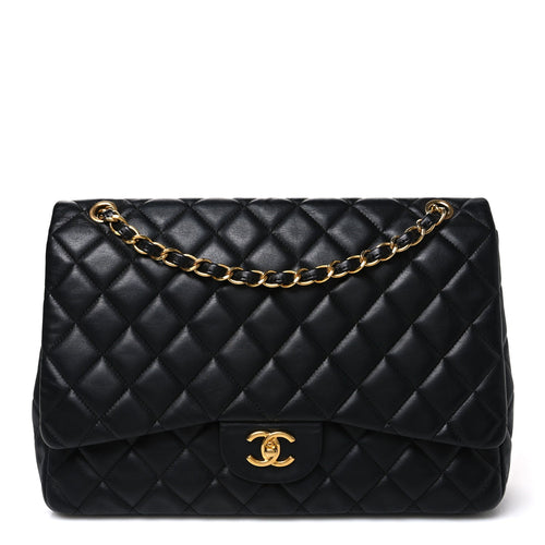 Maxi Quilted Lambskin Flap Shoulder Bag - Black