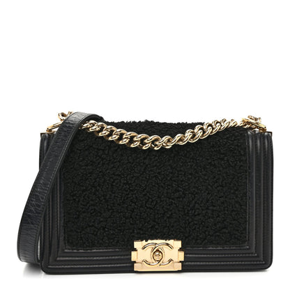 Medium Shearling Sheepskin Flap Shoulder Bag - Black
