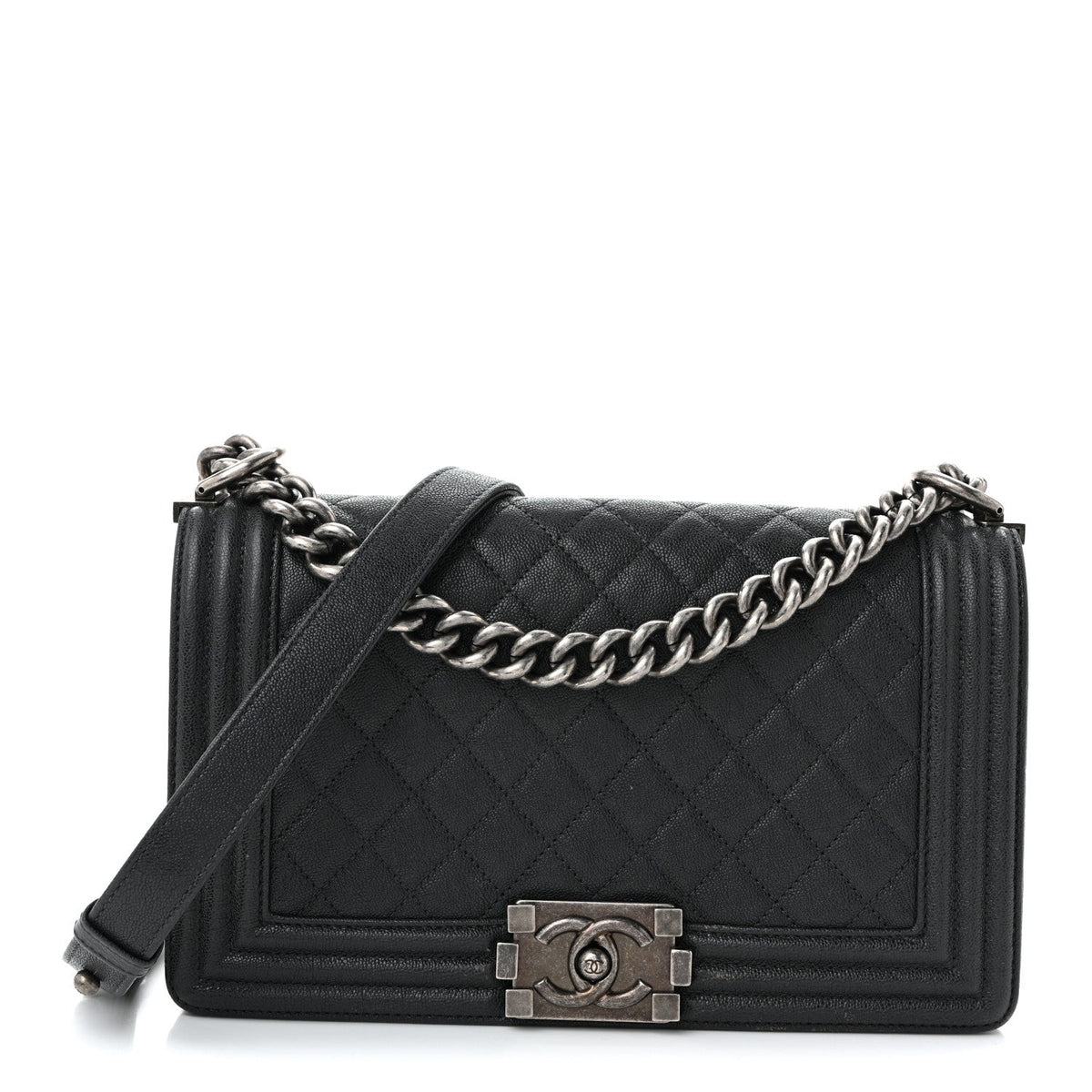 Medium Quilted Caviar Flap Shoulder Bag - Grey