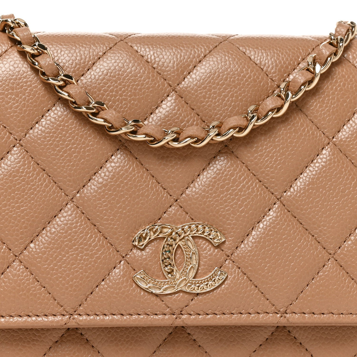 Quilted Caviar Wallet Bag - Beige