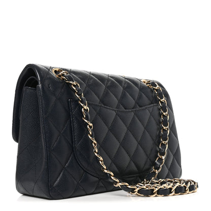 Small Quilted Caviar Flap Shoulder Bag - Dark Navy