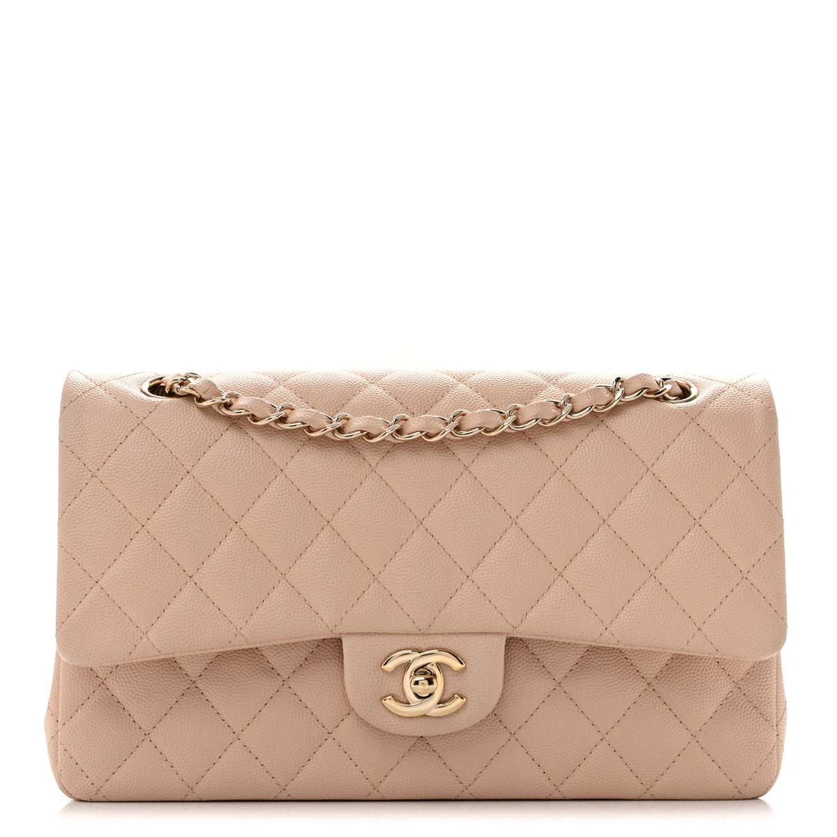 Medium Quilted Caviar Flap Shoulder Bag - Beige
