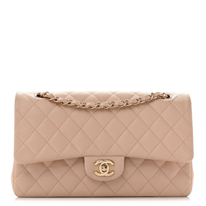 Medium Quilted Caviar Flap Shoulder Bag - Beige