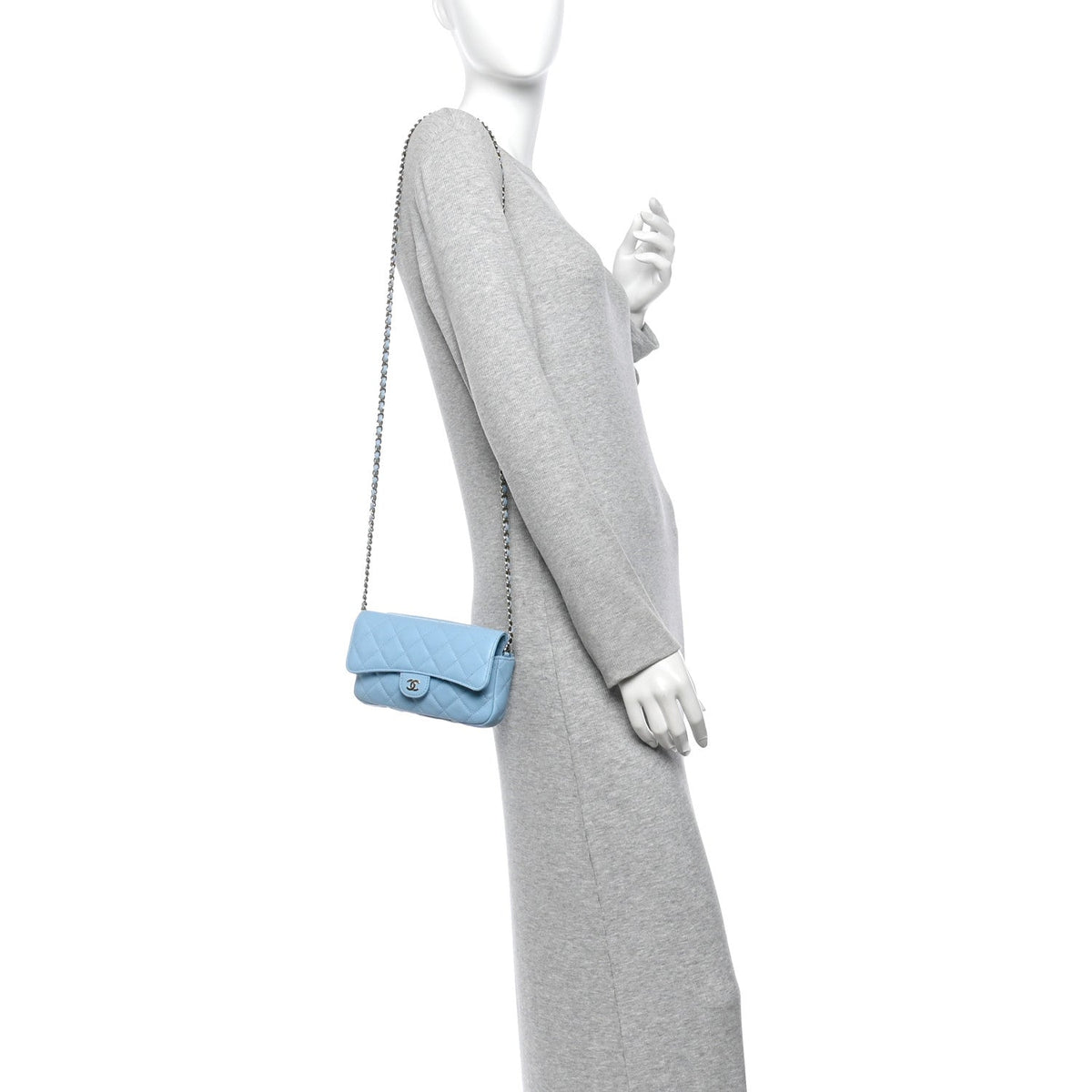 Quilted Caviar Flap Shoulder Bag - Light Blue