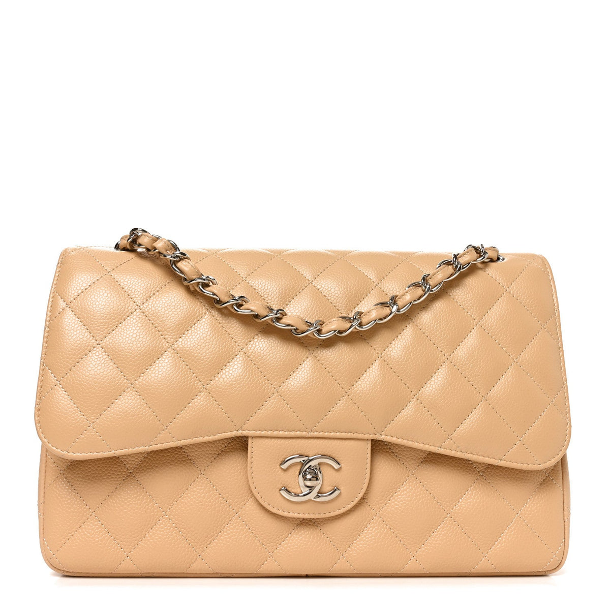 Quilted Caviar Flap Shoulder Bag - Beige