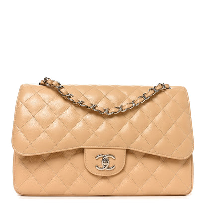Quilted Caviar Flap Shoulder Bag - Beige