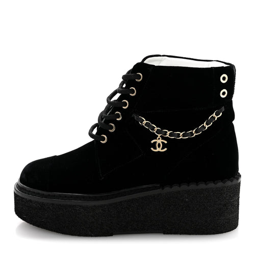 Velvet Chain Lace Up CC Short Boots Black