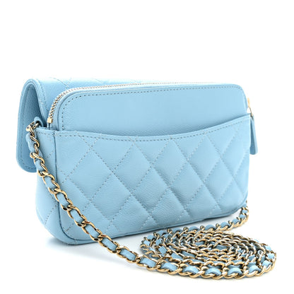 Quilted Caviar Flap Shoulder Bag - Light Blue