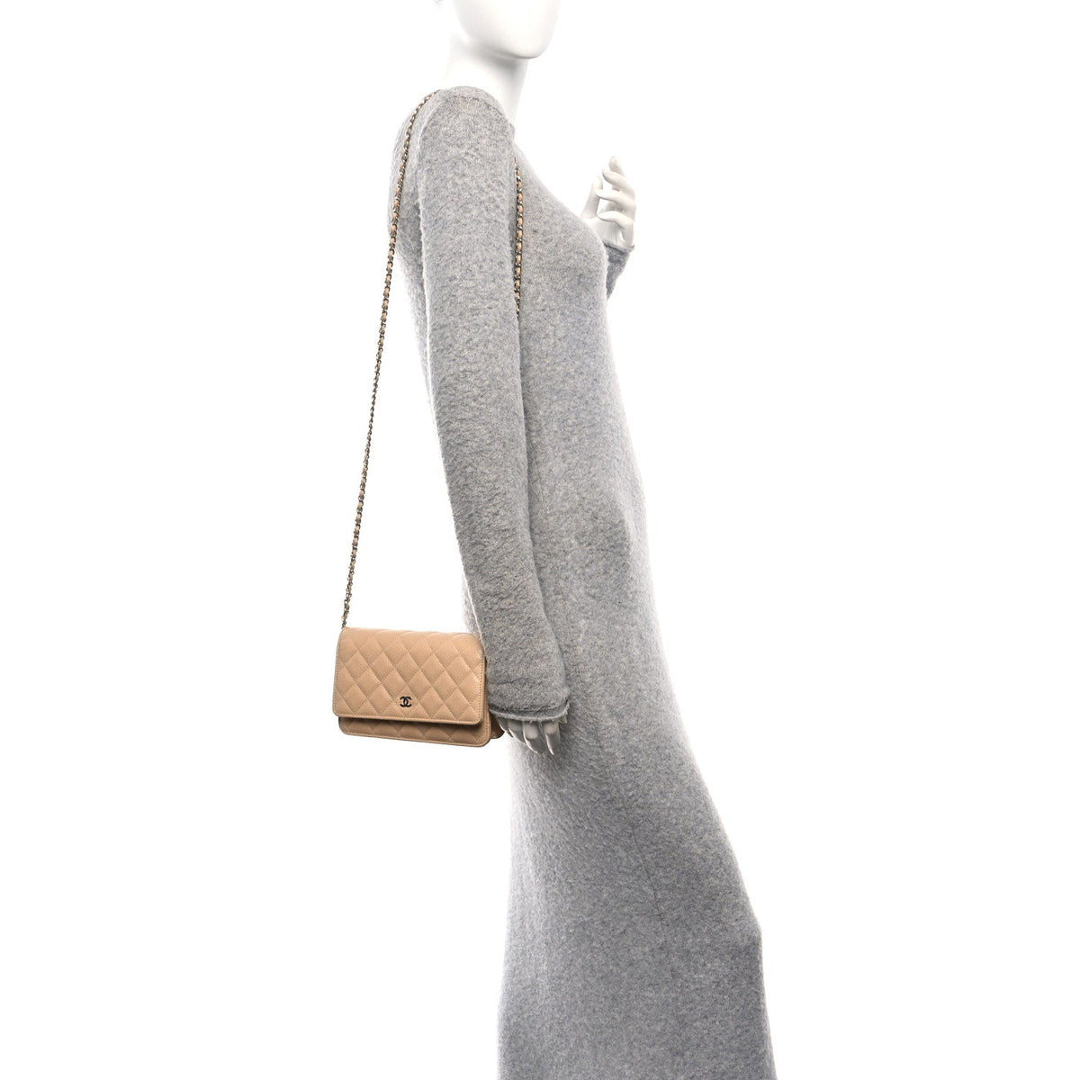 Quilted Caviar Wallet Bag - Beige