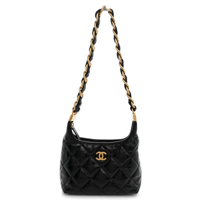 Small Quilted Lambskin Hobo Bag - Black