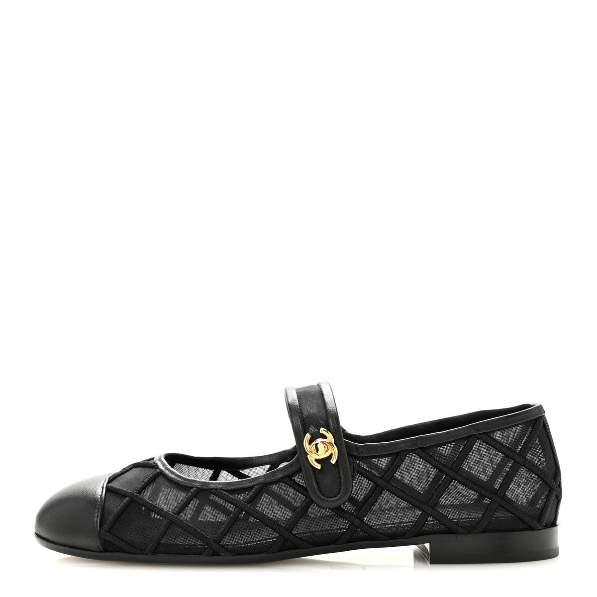 Lambskin Fabric Mesh Quilted Mary Jane Cap Toe Flats Black