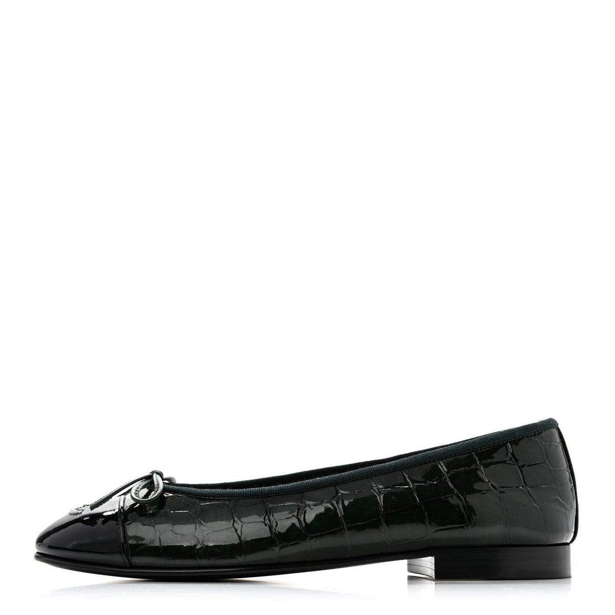 Patent Calfskin Crocodile Embossed Ballerina Flats Dark Green Black