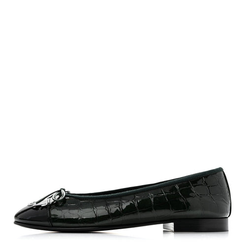 Patent Calfskin Crocodile Embossed Ballerina Flats Dark Green Black