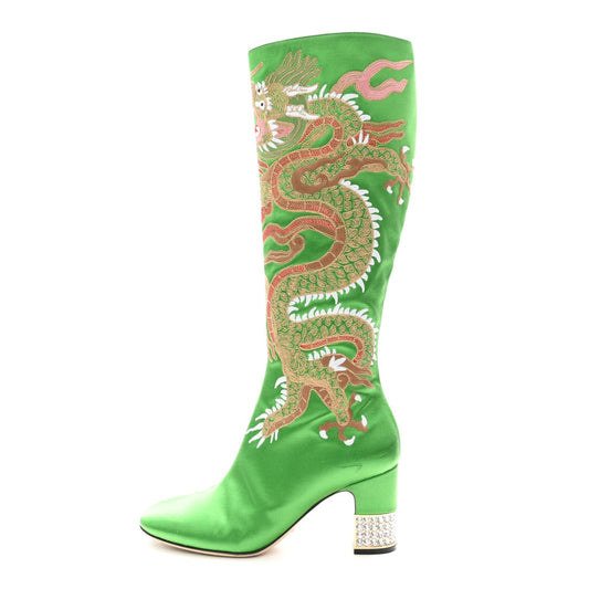 Silk Satin Malaga Kid Embroidered Candy Dragon Block-Heel Knee Boot Pa