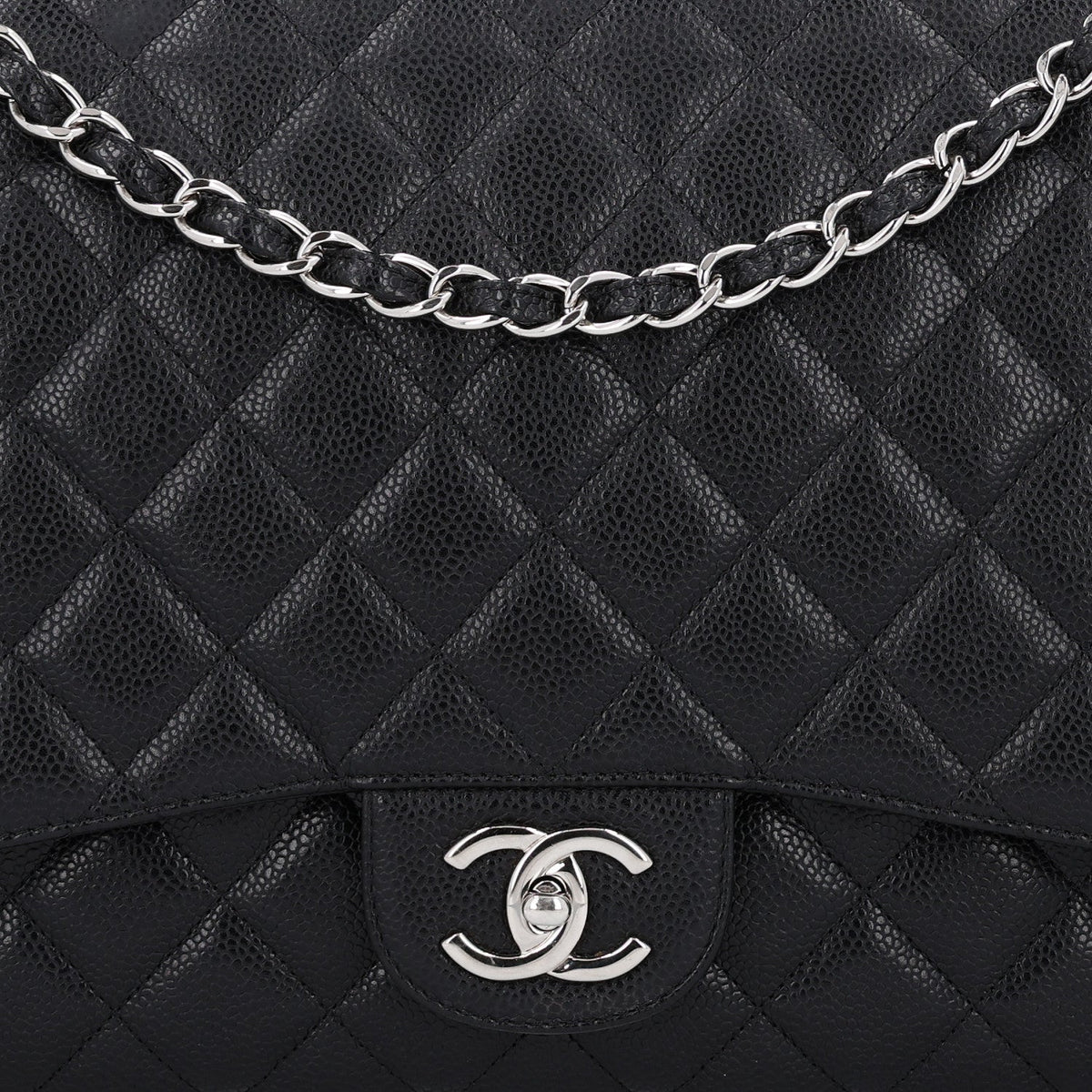 Maxi Quilted Caviar Flap Shoulder Bag - Black