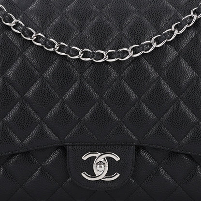 Maxi Quilted Caviar Flap Shoulder Bag - Black