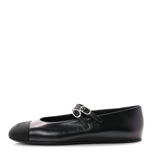 Lambskin Grosgrain Pearl Mary Jane Flats Black