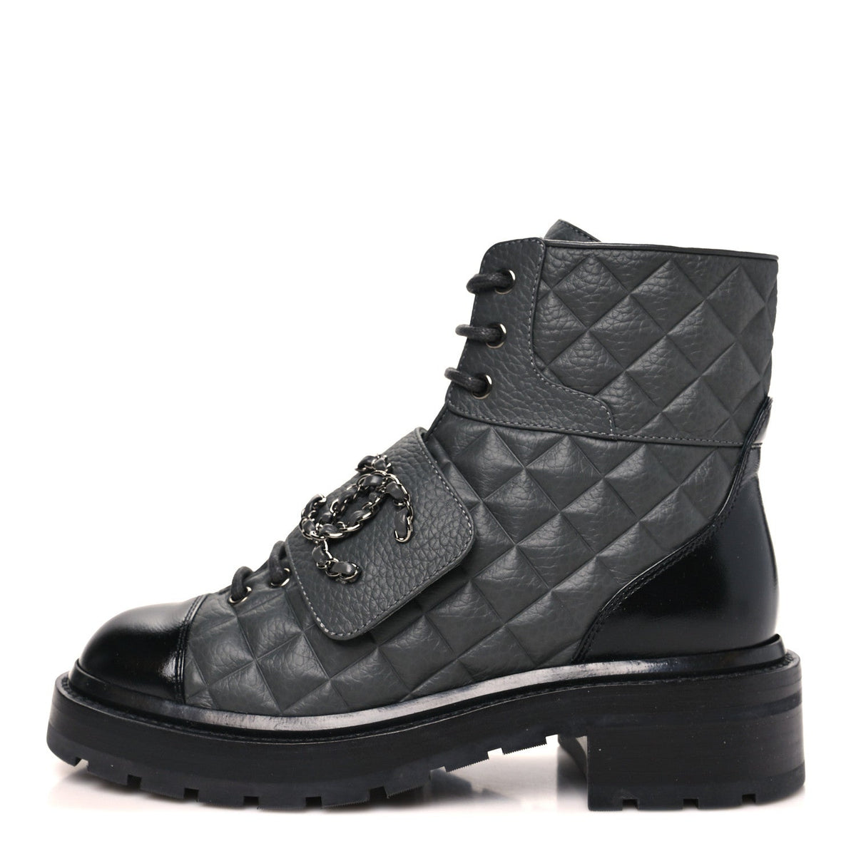 Calfskin Shiny Calfskin Quilted Lace Up Combat Boots Dark Grey Black
