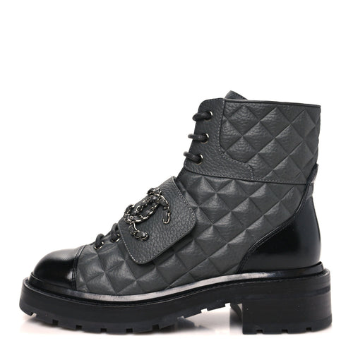 Calfskin Shiny Calfskin Quilted Lace Up Combat Boots Dark Grey Black