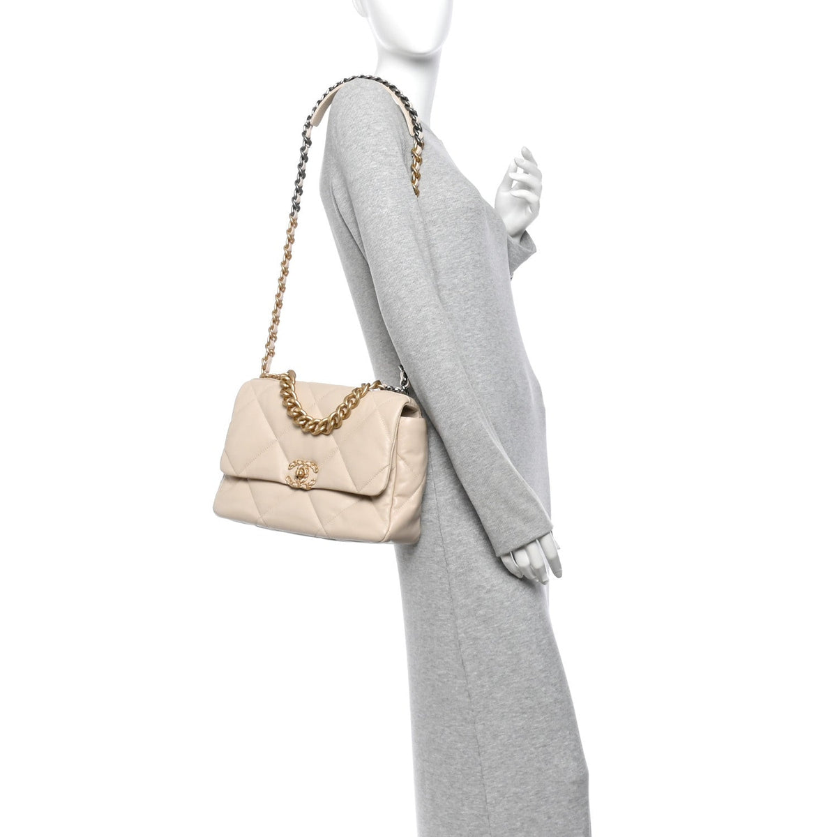 Large Quilted Goatskin Flap Shoulder Bag - Beige