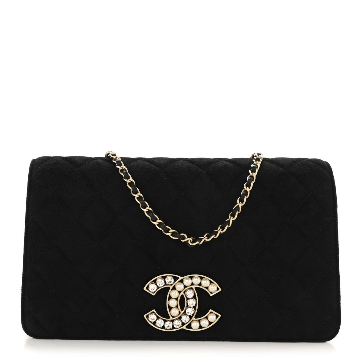 Quilted Suede Flap Shoulder Bag - Black