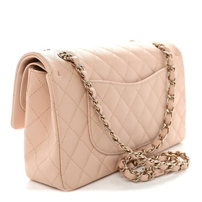 Medium Quilted Caviar Flap Shoulder Bag - Beige