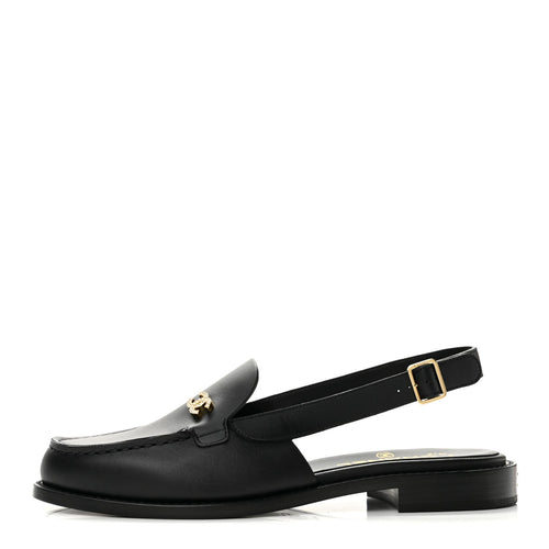 Calfskin Crystal CC Slingback Flats Black