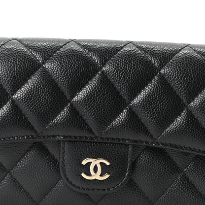Quilted Caviar Flap Shoulder Bag - Black