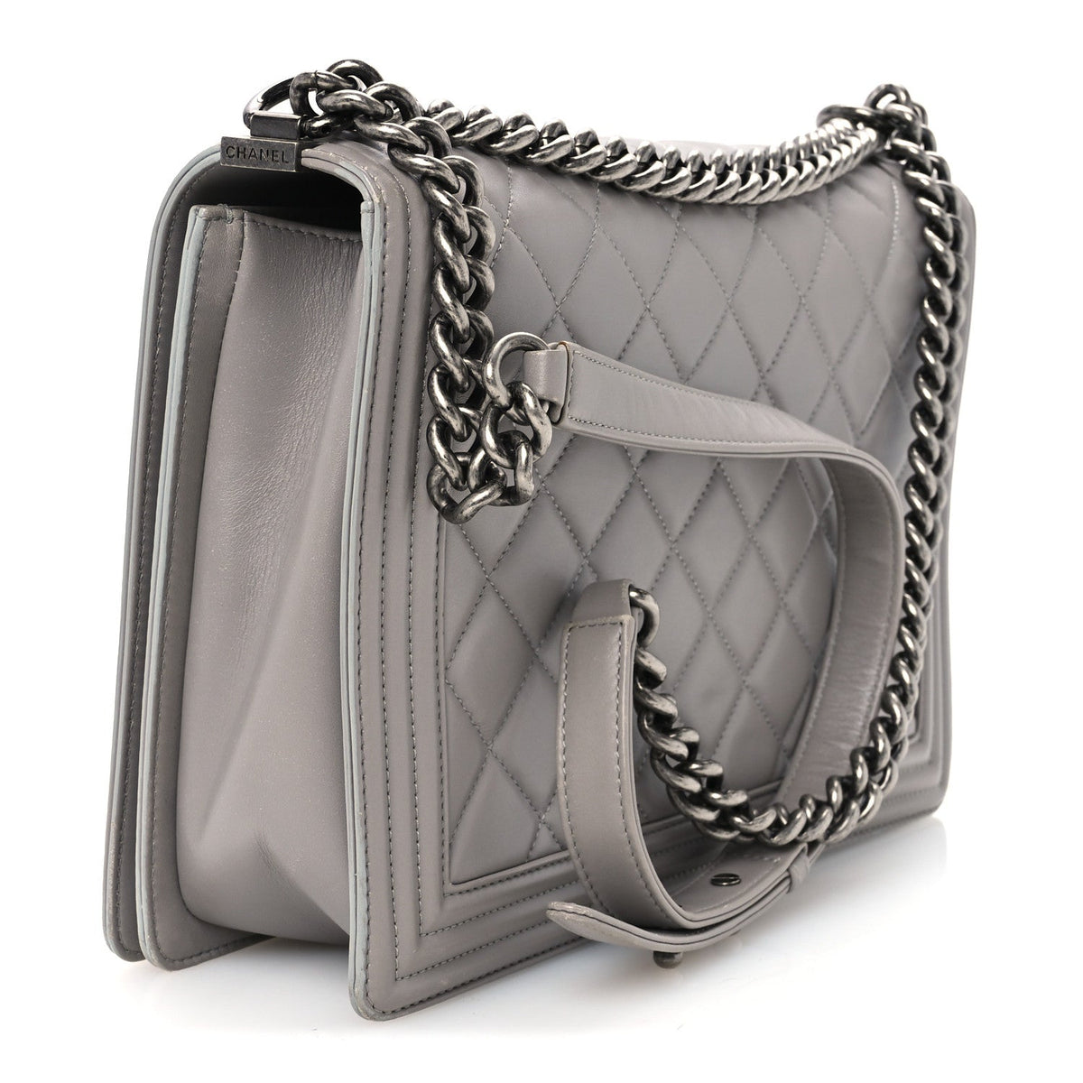 Large Quilted Lambskin Flap Shoulder Bag - Grey