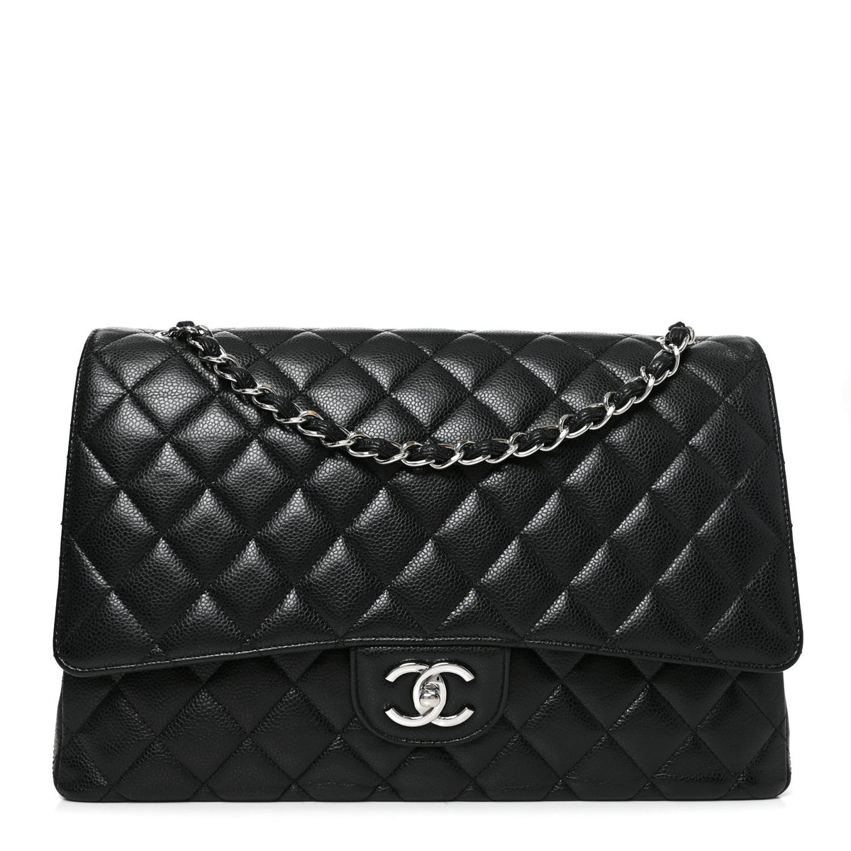 Maxi Quilted Caviar Flap Shoulder Bag - Black