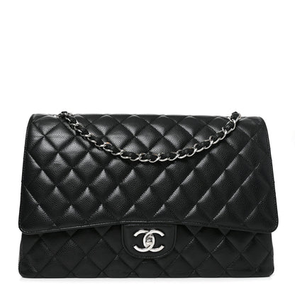 Maxi Quilted Caviar Flap Shoulder Bag - Black