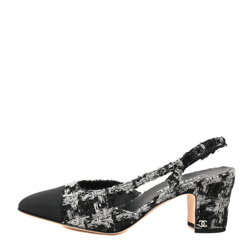 Tweed Grosgrain Cap Toe CC Slingback Pumps Black Grey