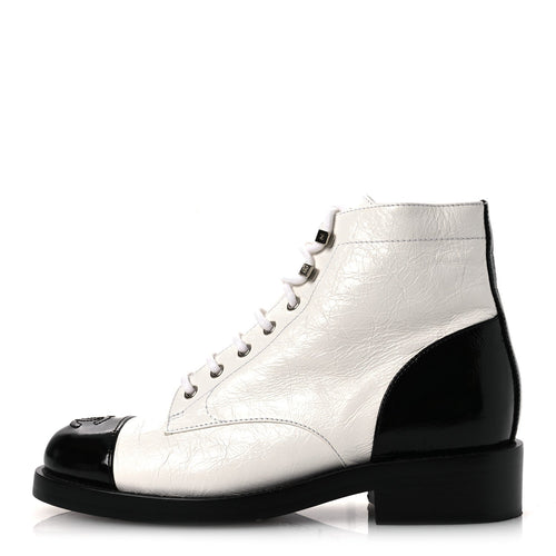 Distressed Patent Cap Toe Combat Boots White Black