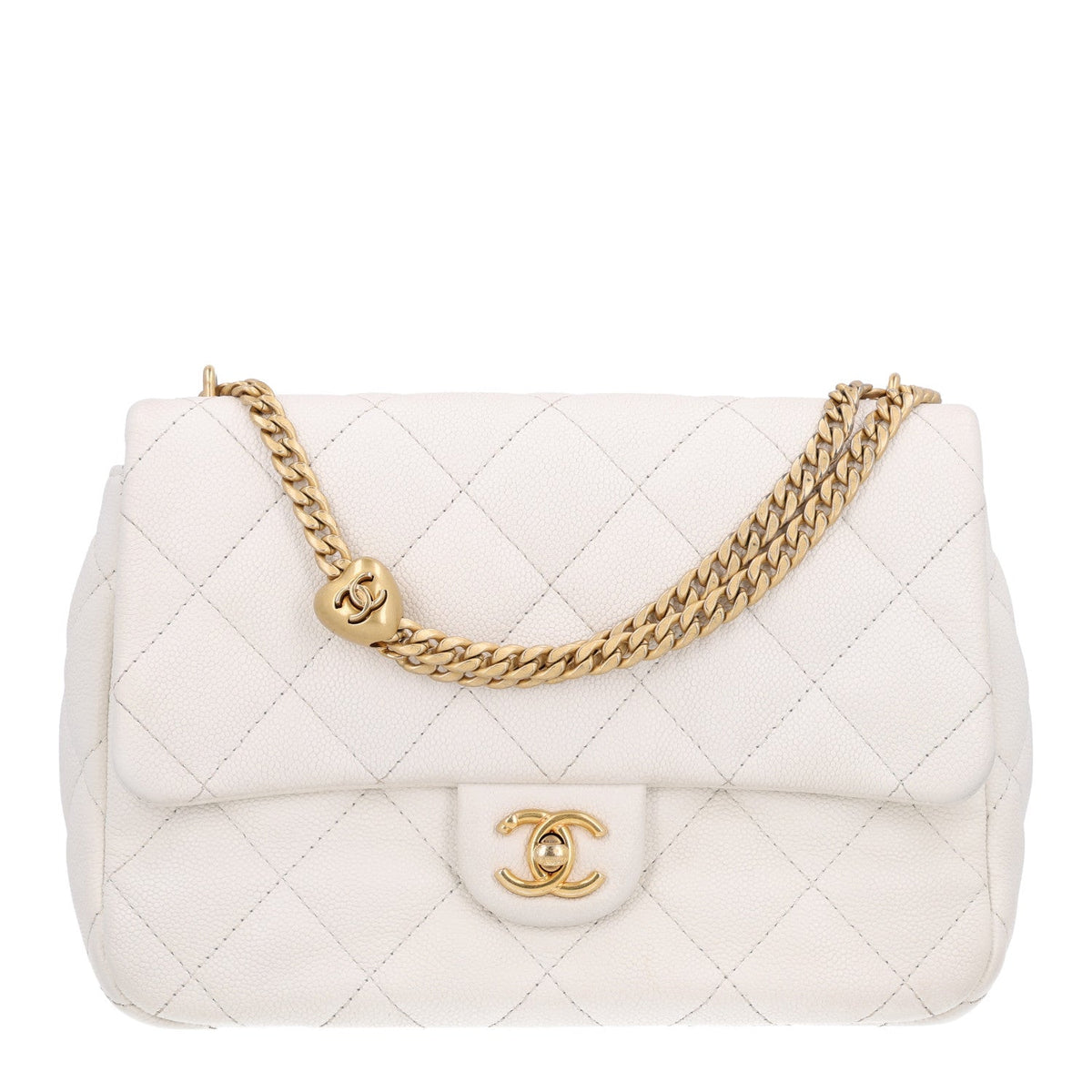 Quilted Caviar Flap Shoulder Bag - White