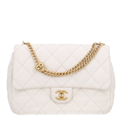 Quilted Caviar Flap Shoulder Bag - White