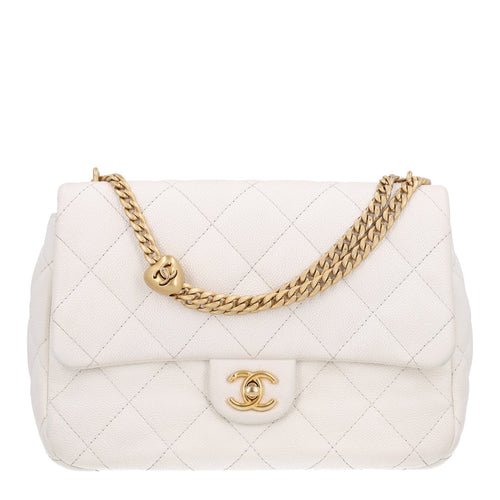 Quilted Caviar Flap Shoulder Bag - White