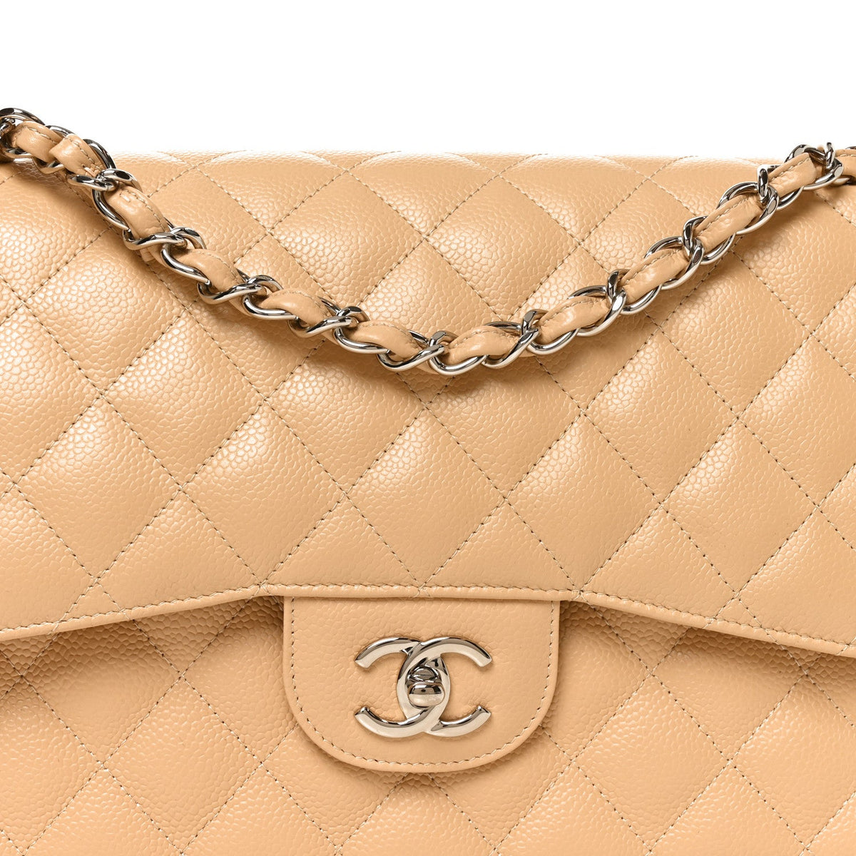 Quilted Caviar Flap Shoulder Bag - Beige