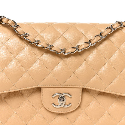 Quilted Caviar Flap Shoulder Bag - Beige