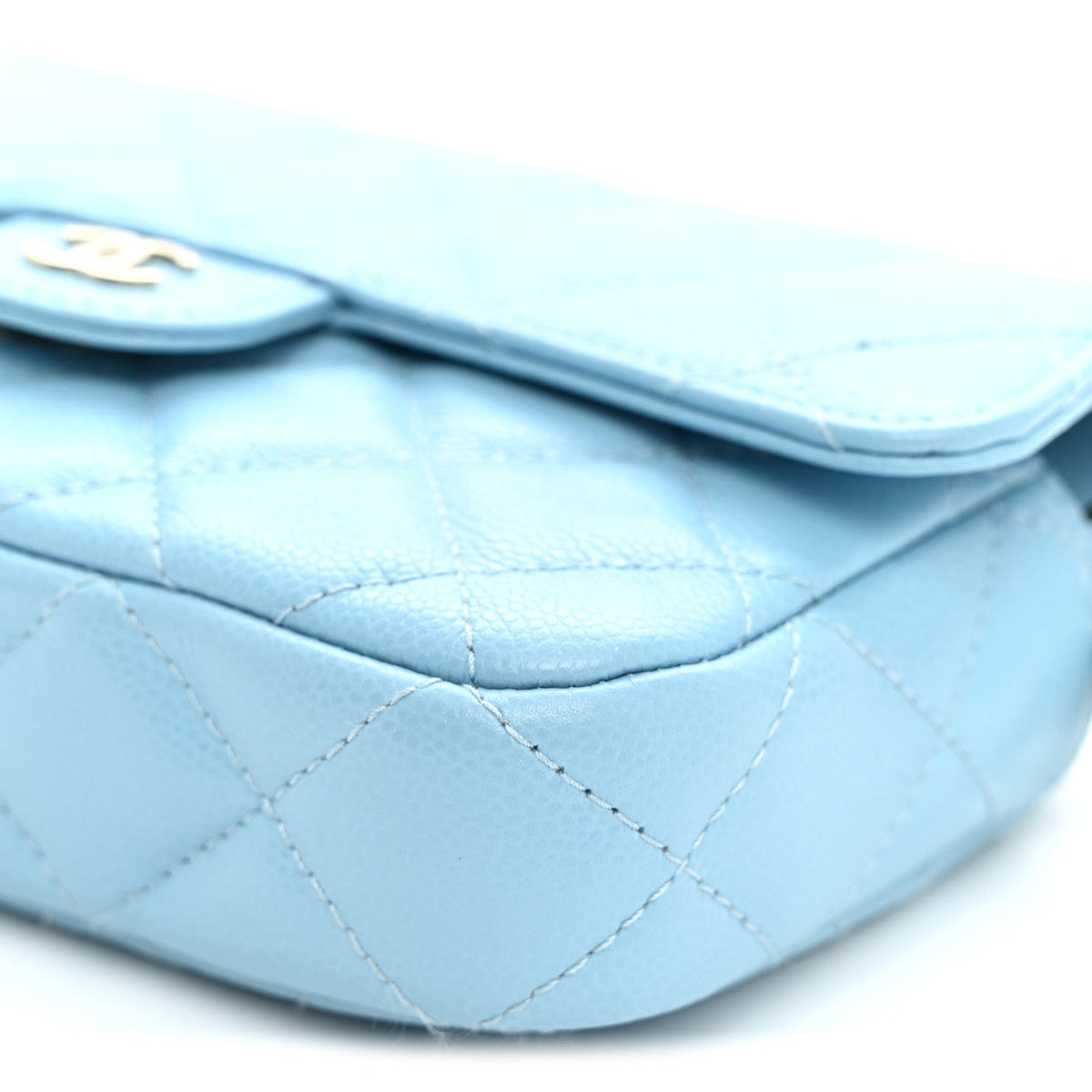 Quilted Caviar Flap Shoulder Bag - Light Blue